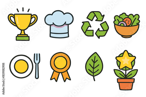 Sustainability, wellness, cooking flat icon set. Eco-friendly and healthy living icons.