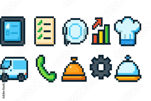 Hospitality and restaurant flat icon set. Food service, hotel, travel icons collection