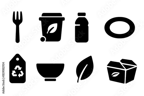 Eco-friendly, recycled silhouette icon set. Sustainable living, reusable icons collection