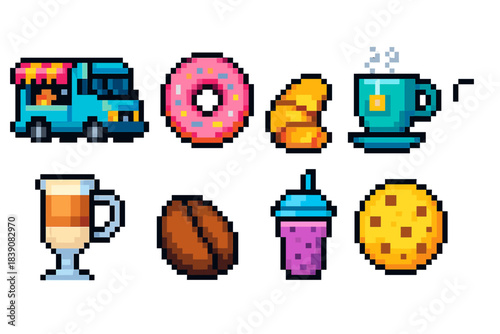 Food and drinks pixel icon set. 8-Bit retro, coffee, donut, fast food icons collection