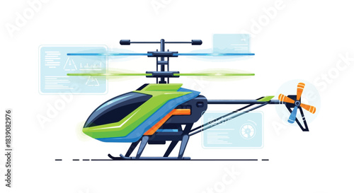 Colorful remotecontrolled helicopter model with spinning blades and detailed design.