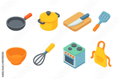 Kitchen tools icon set. Cooking, baking accessories 3d collection