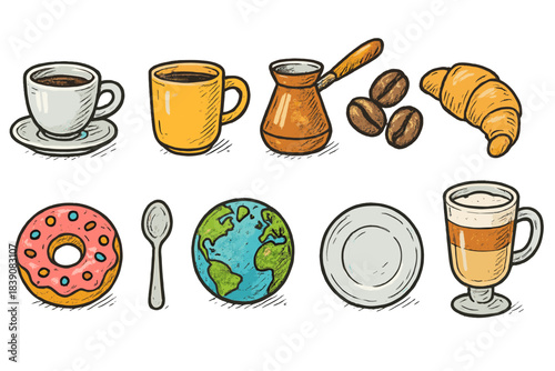 Coffee, breakfast doodles icon set. Hand-drawn, food and drink outline collection
