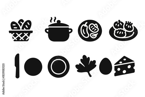 Food and cooking solid icon set. Culinary and kitchen essentials solid icons collection