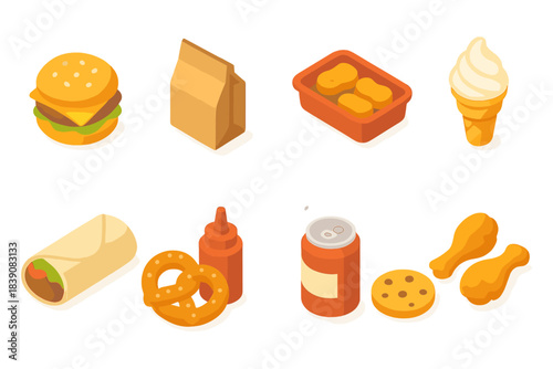 Fast food 3d icon set: burgers, fries, soda, ice cream, and more in isometric style
