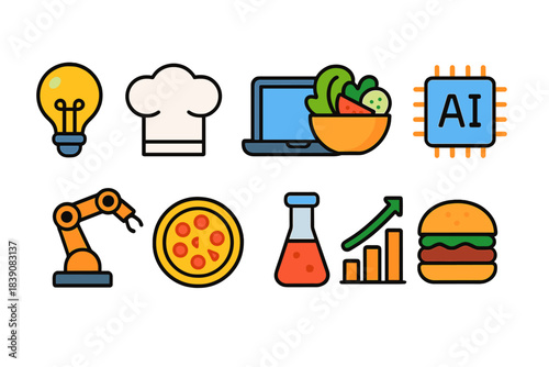 Technology, food and cooking flat icon set. Gadgets, culinary, ai icons collection