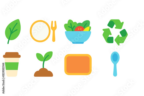Sustainable living flat icon set. Eco-friendly, recycling, green lifestyle collection