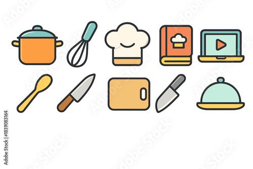 Cooking and kitchen tools icon set. Flat style culinary, utensil graphics
