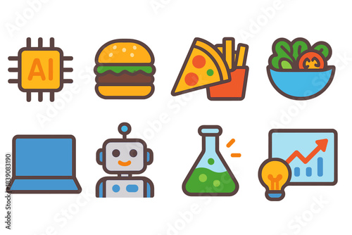 Technology and food flat icon set. Ai, robotics, fast food, and data analytics icons.