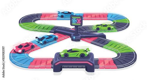 Colorful race track toy set with multiple toy cars and digital display.