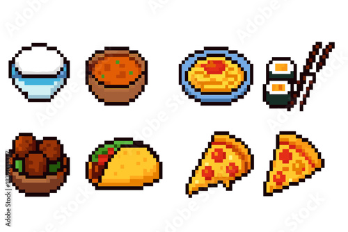 Food pixel icon set. Tacos, sushi, pizza pixelated icons in retro gaming style.