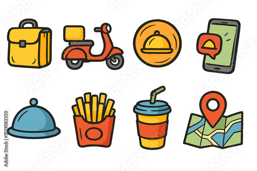 Food and travel flat icon set. Dining, restaurant, suitcase, scooter icons collection