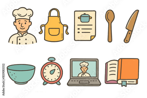 Cooking and baking flat icon set. Chef, kitchen tools, recipe icons collection.