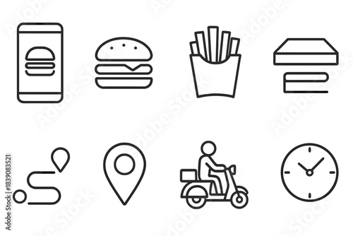 Food delivery outline icon set. Fast food, restaurant, delivery service symbols
