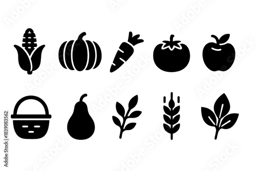 Harvest, farming solid icon set. Agriculture, garden, seasonal produce icons collection