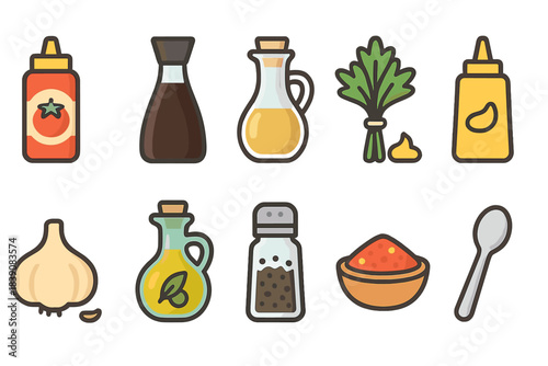 Cooking ingredients icon set. Flavorful flat icons collection for kitchen and cooking