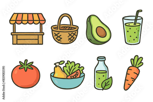Organic food icon set. Fresh vegetables, juices, market basket icons in flat style