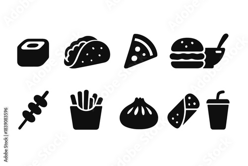 Food and cuisine solid icon set. Diverse culinary icons in solid style