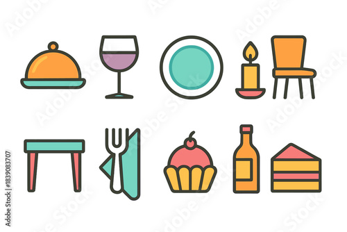 Dining, tableware flat icon set. Food, beverage, table icon collection