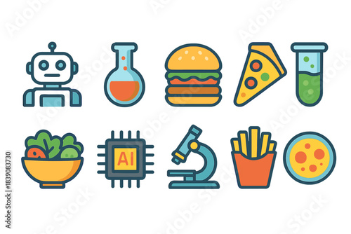 Food and technology flat icon set. Robotics, science, culinary icons flat collection