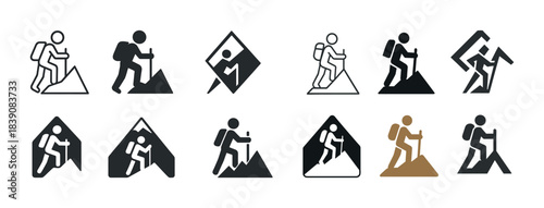 Hiking icon variations: exploration symbols in black and gold