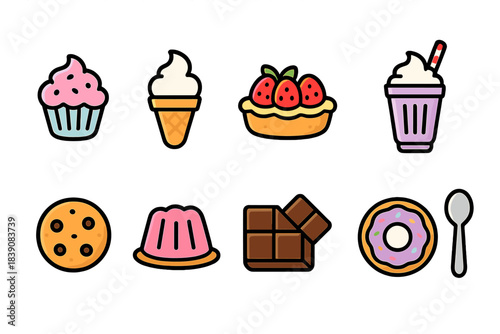 Dessert, confectionery icon set. Sweet treats colorful icons collection, outline style