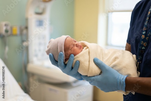 Medical professional in blue scrubs and gloves carefully holding a wrapped newborn baby sleeping peacefully inside a hospital delivery or recovery room, emphasizing care and new life