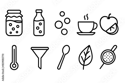 Fermentation linear icon set. Pickling, brewing, kombucha, tea brewing outline collection