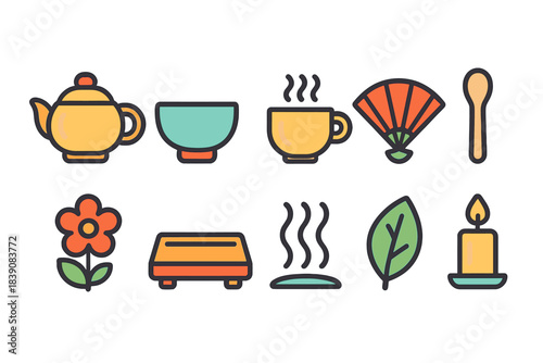 Japanese culture icon set: traditional flat icons collection for cultural themes