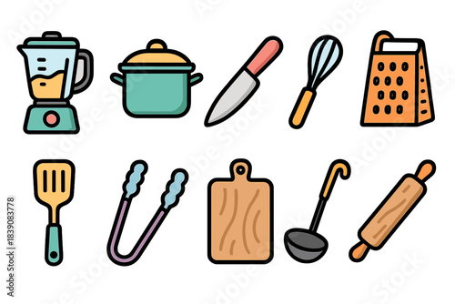 Kitchen utensils icon set: flat cooking tools and equipment icons collection