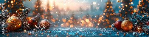 Panoramic festive bokeh background with Christmas ornaments and pine cones, ideal for holiday greetings