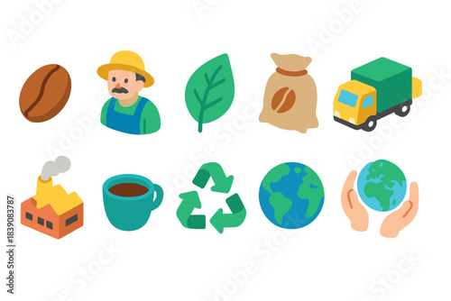 Coffee industry flat icon set. Sustainable farming, production, recycling icons collection.