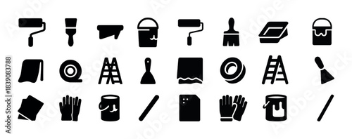 Home renovation tools: paint brushes, rollers, ladders, spatulas, buckets, gloves