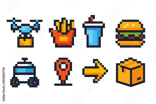 Fast food and delivery pixel icon set. Burgers, drones, soda, and fries in pixel style.