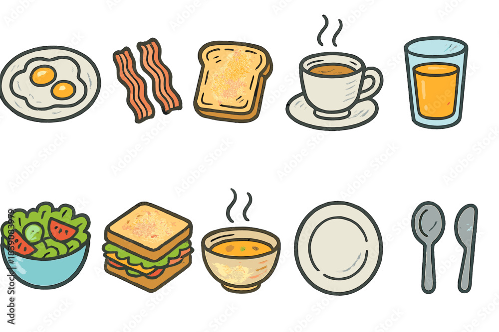 Fototapeta premium Breakfast foods flat icon set. Classic morning meal icons collection.