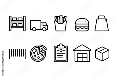 Logistics and food line icon set. Shipping, delivery, fast food, retail outline collection