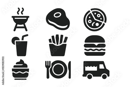 Food and drink solid icon set for menus, restaurants, and catering