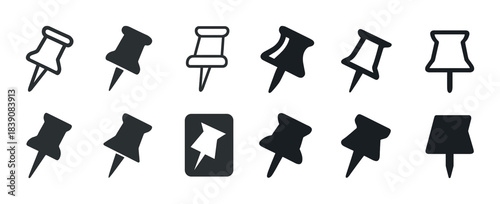 Various push pin silhouettes and designs on white background