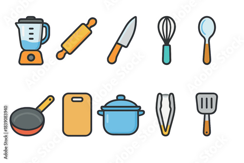Cooking tools flat icon set. Kitchenware, utensils, cooking equipment collection