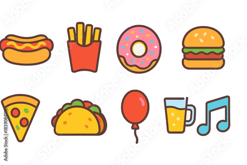Food and beverage icon set, flat style. Fast food, snacks, drinks icons collection.