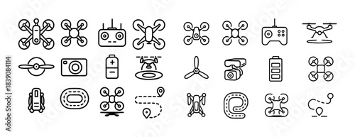 Collection of drone icons featuring controllers, batteries, and propellers