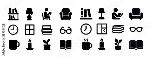 Home icon set: furniture, reading, and decor silhouettes