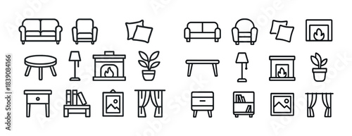 Minimalist furniture outline icons set: sofa, armchair, fireplace, plants, curtains