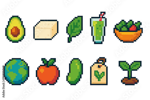 Healthy food pixel icon set: fruits, vegetables, drinks, vegan, organic, pixel art style