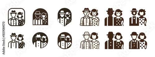 Vintage couple icons set: retro style, elegant hats and fashionable outfits