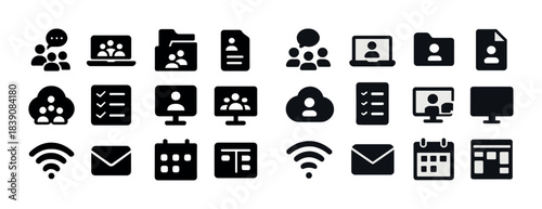 Set of communication and office icons in black and white
