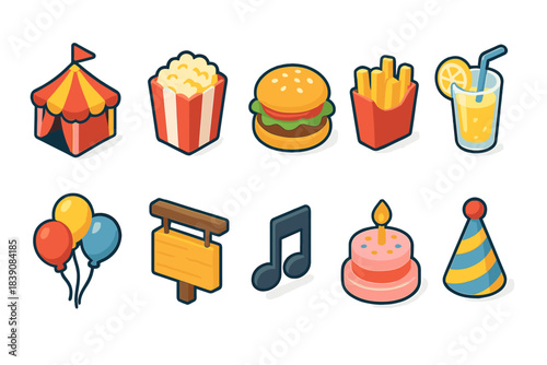 Carnival celebration icon set. 3D fun, party, and festival symbols collection