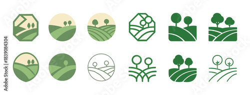 Minimalist green landscape icons set with trees and fields