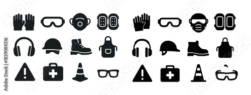 Set of safety equipment icons: gloves, mask, headphones, helmet, warning signs