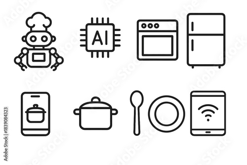 Smart kitchen technology icon set. Flat home, ai, cooking appliance icon collection